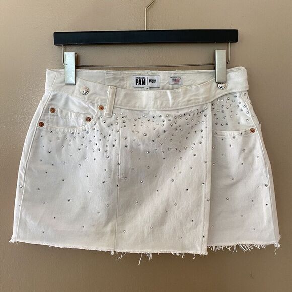 Re/done & PAM Levis White Denim Crystal Denim Wrap Mini Skirt NWT Sz 25 $495 - Picture 2 of 12